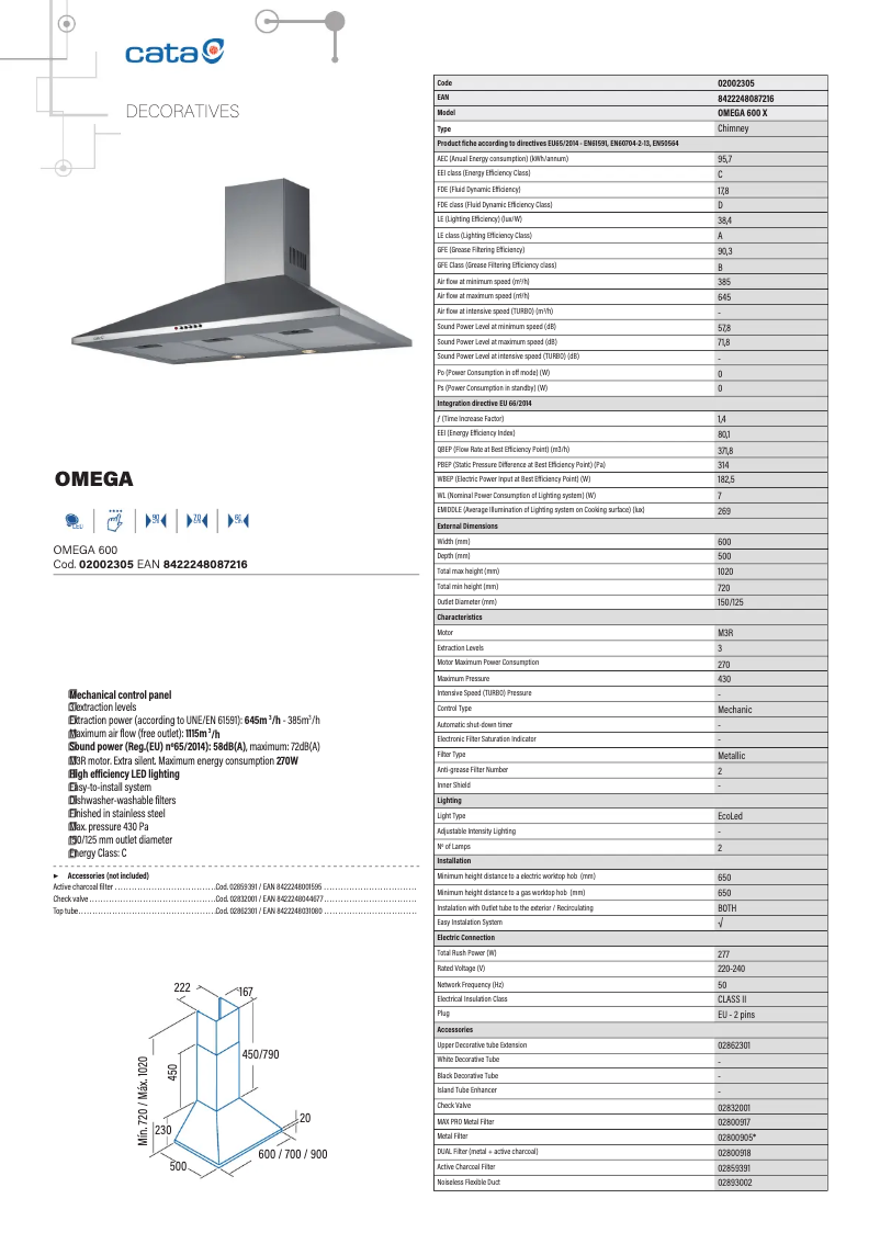 Page 1 de la notice Fiche technique CATA Omega 02004000