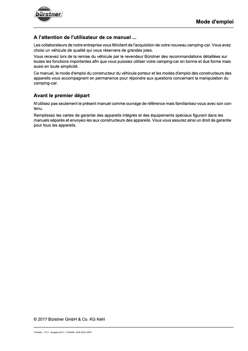 Page 1 de la notice Manuel utilisateur Bürstner Lyseo T (2017)