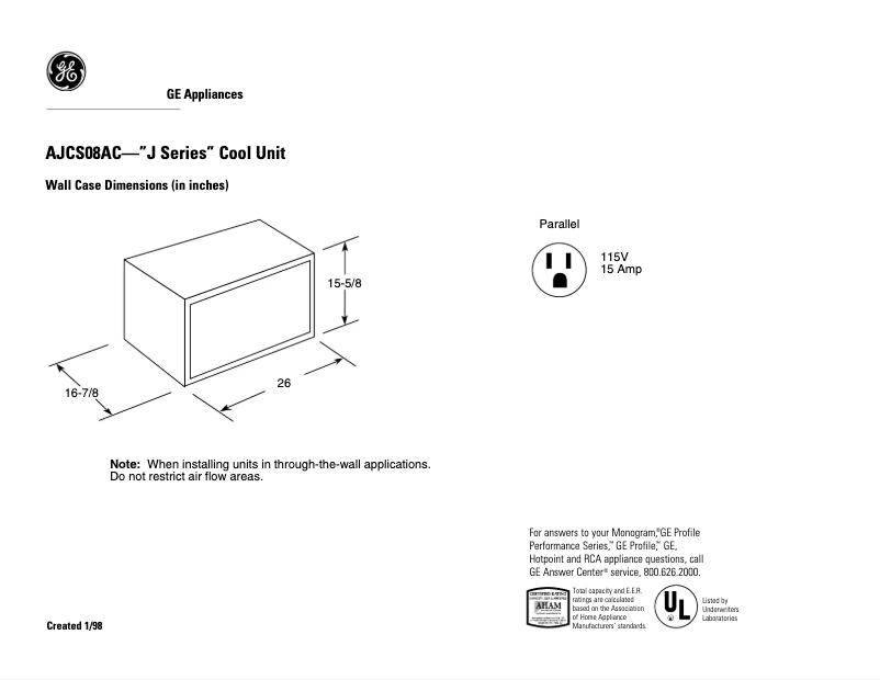 Página 1 del manual Ficha técnica GE AJCS08AC