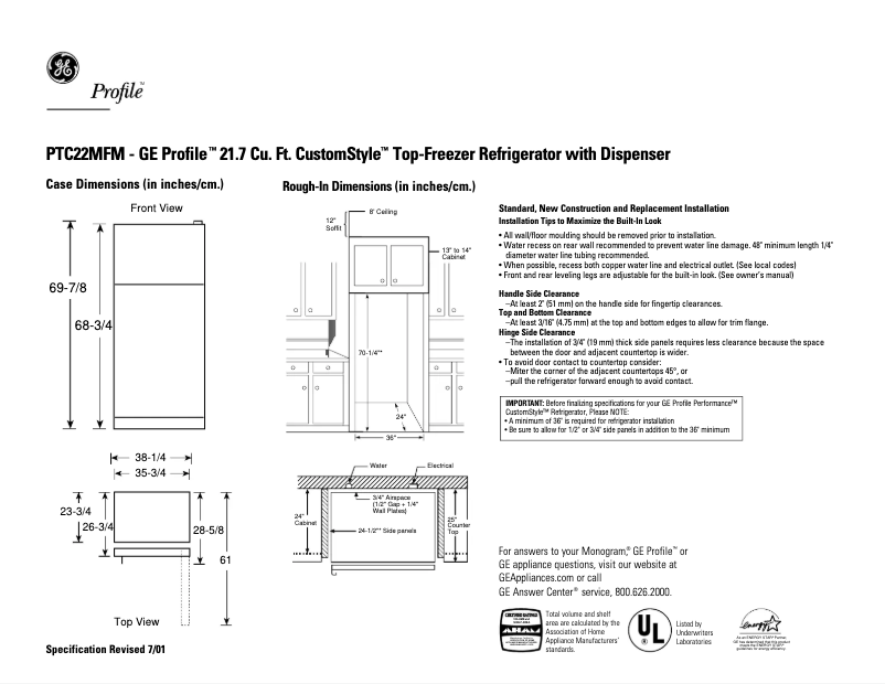 Page n°1 - Fiche technique GE Profile CustomStyle PTC22MFMRWW