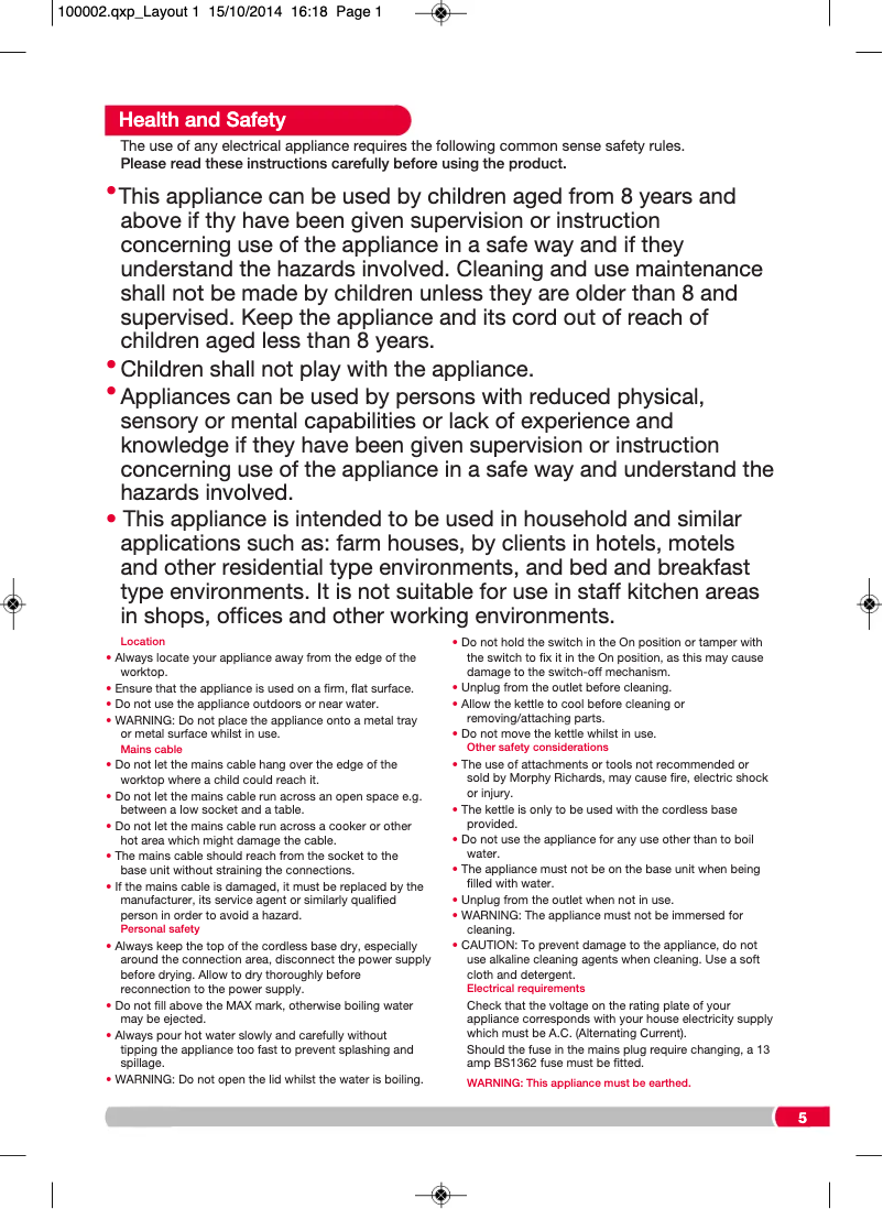 Page 1 de la notice Manuel utilisateur Morphy Richards 100003