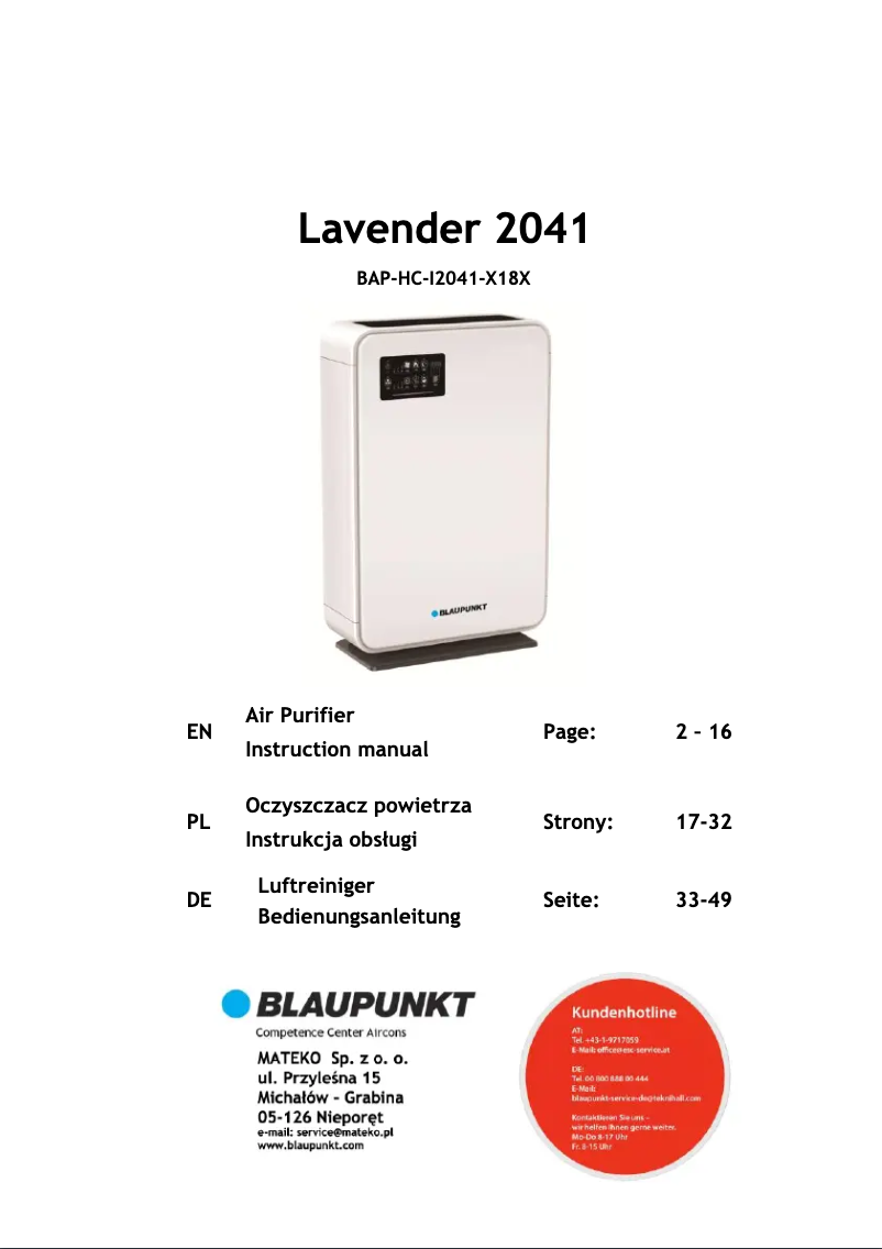 Página 1 del manual Manual de usuario Blaupunkt Lavender 2041