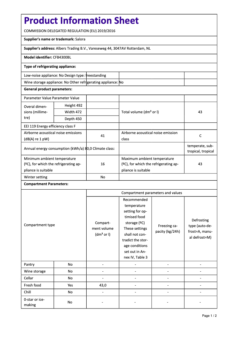Página 1 del manual Manual de usuario Salora CFB4300BL