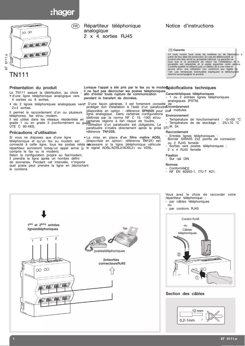 Page 1 de la notice Manuel utilisateur Hager TN111