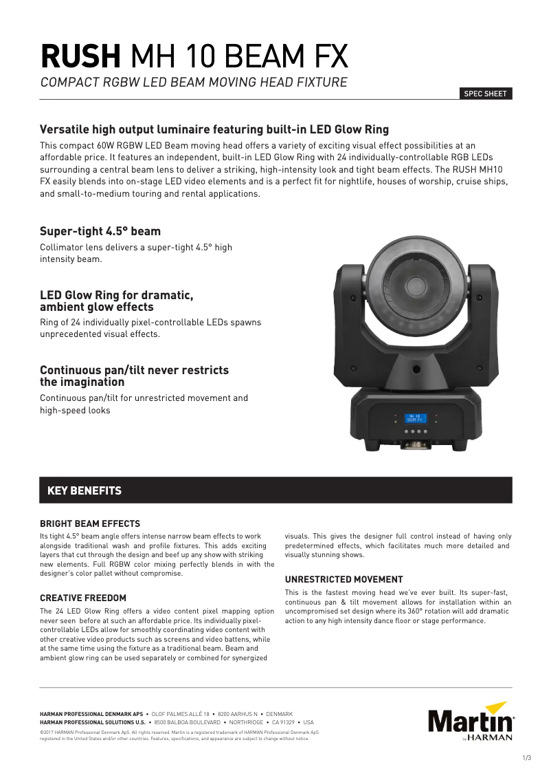 Page 1 de la notice Fiche technique Martin RUSH MH 10 Beam FX