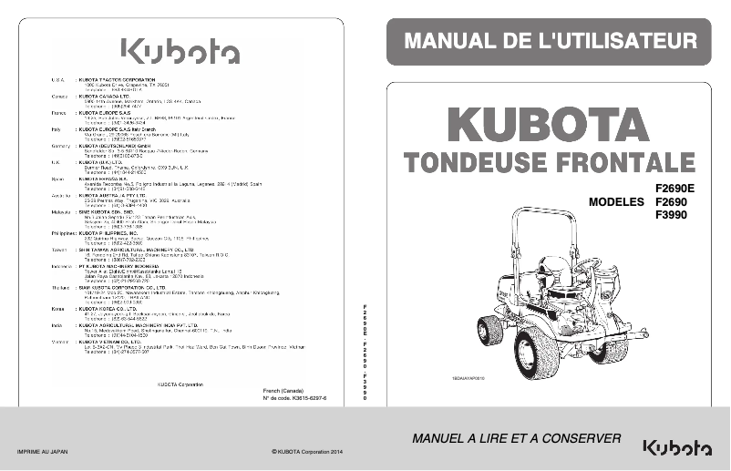 Page 1 de la notice Manuel utilisateur Kubota F2690E
