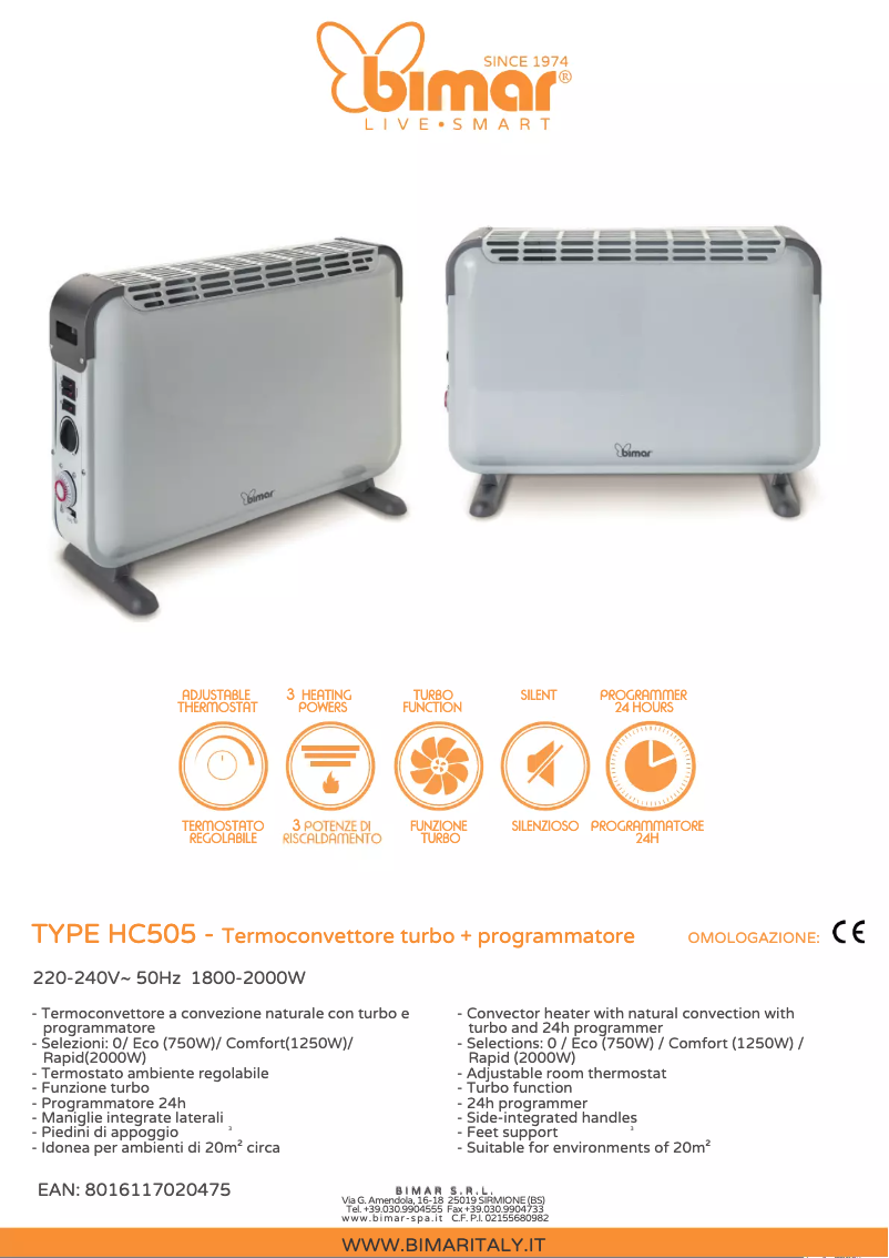 Page 1 de la notice Fiche technique Bimar HC505