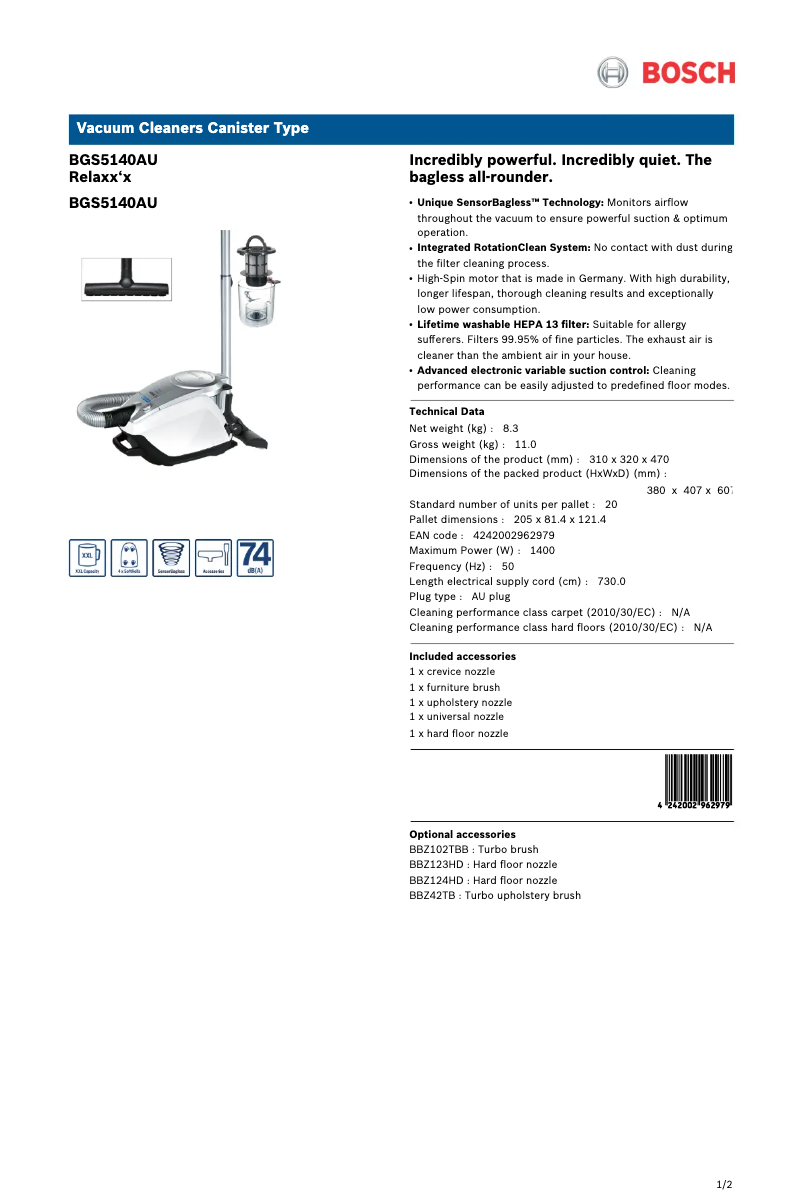 Page 1 of the manual Technical Sheet Bosch Relaxx'x BGS5140AU