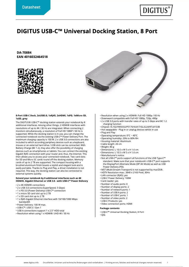 Page 1 de la notice Fiche technique Digitus DA-70884