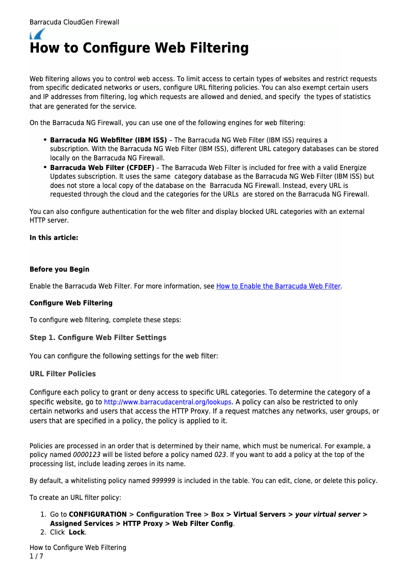 Page 1 of the manual User Manual Barracuda Networks NextGen Web Filter