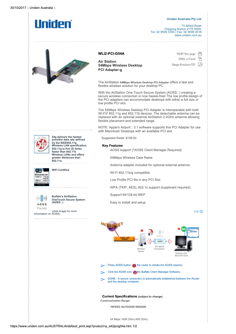 Page 1 de la notice Manuel utilisateur Uniden WLI2-PCI-G54A