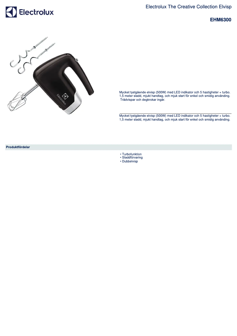 Page 1 de la notice Fiche technique Electrolux EHM6300