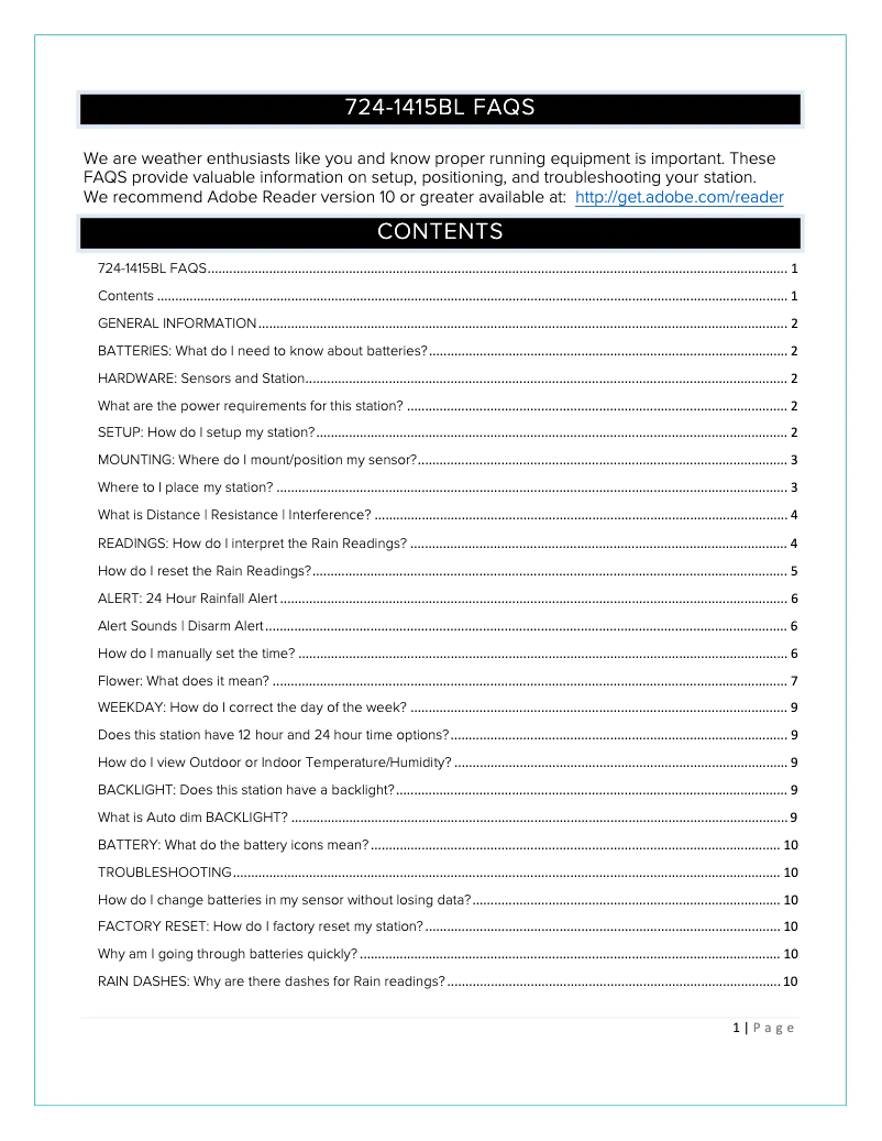 Page 1 of the manual FAQ La Crosse Technology 724-1415BL