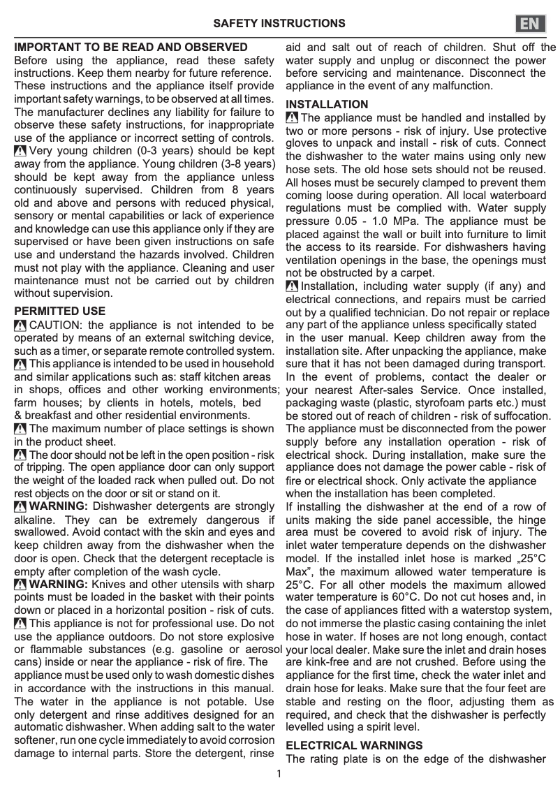 Page 1 of the manual Safety Instructions Bauknecht BCIO 3C33 EC