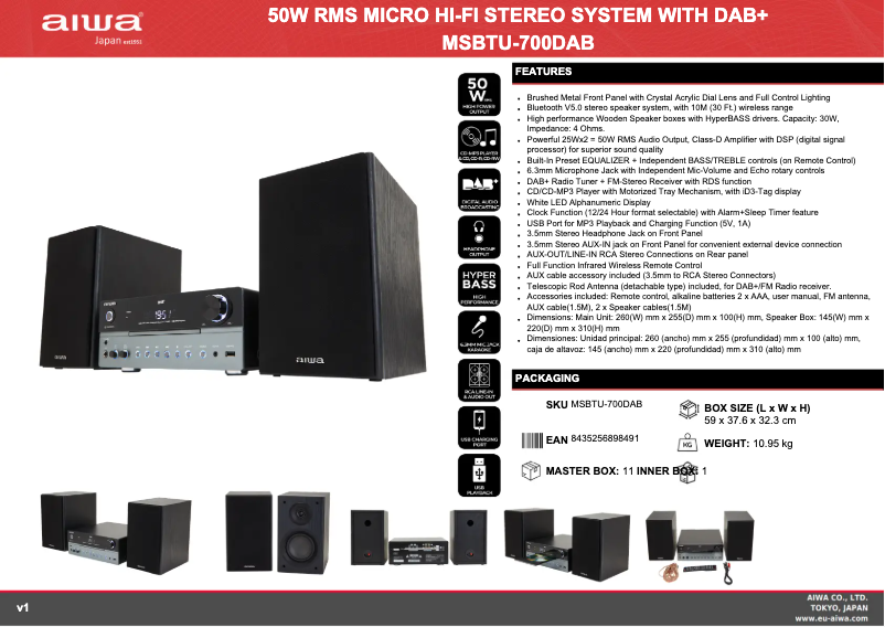 Page 1 de la notice Fiche technique Aiwa MSBTU-700DAB
