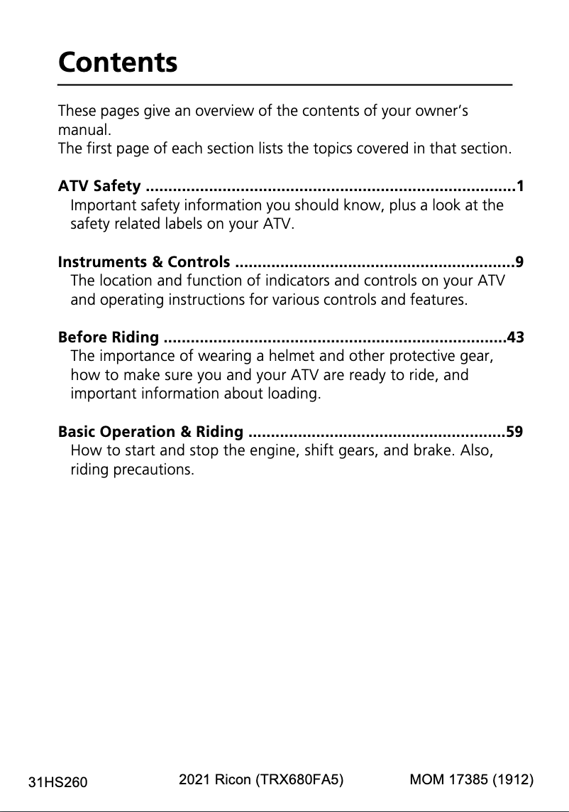 Page 1 de la notice Manuel utilisateur Honda FourTrax Rincon TRX680FA5 (2021)