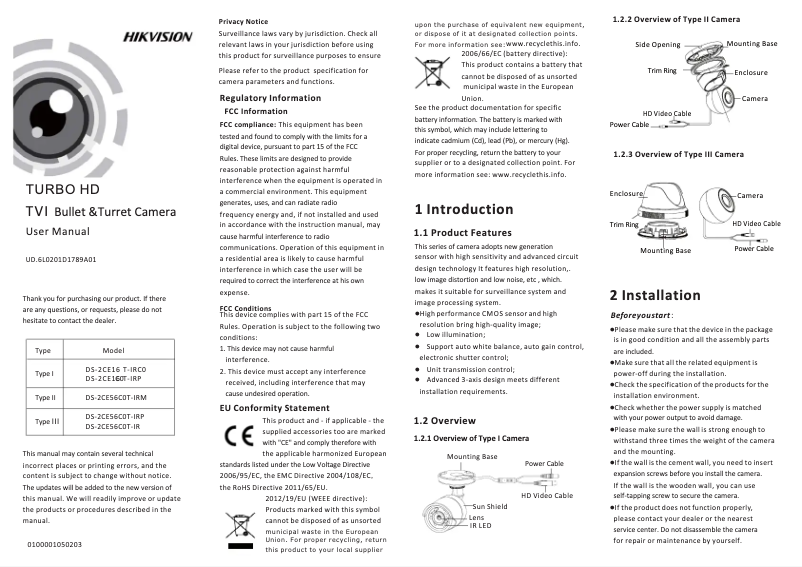 Page 1 de la notice Manuel utilisateur Hikvision DS-2CE56C2T-IRP(2.8MM)
