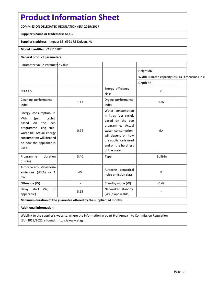 Page 1 de la notice Fiche technique Atag VA8114SRT