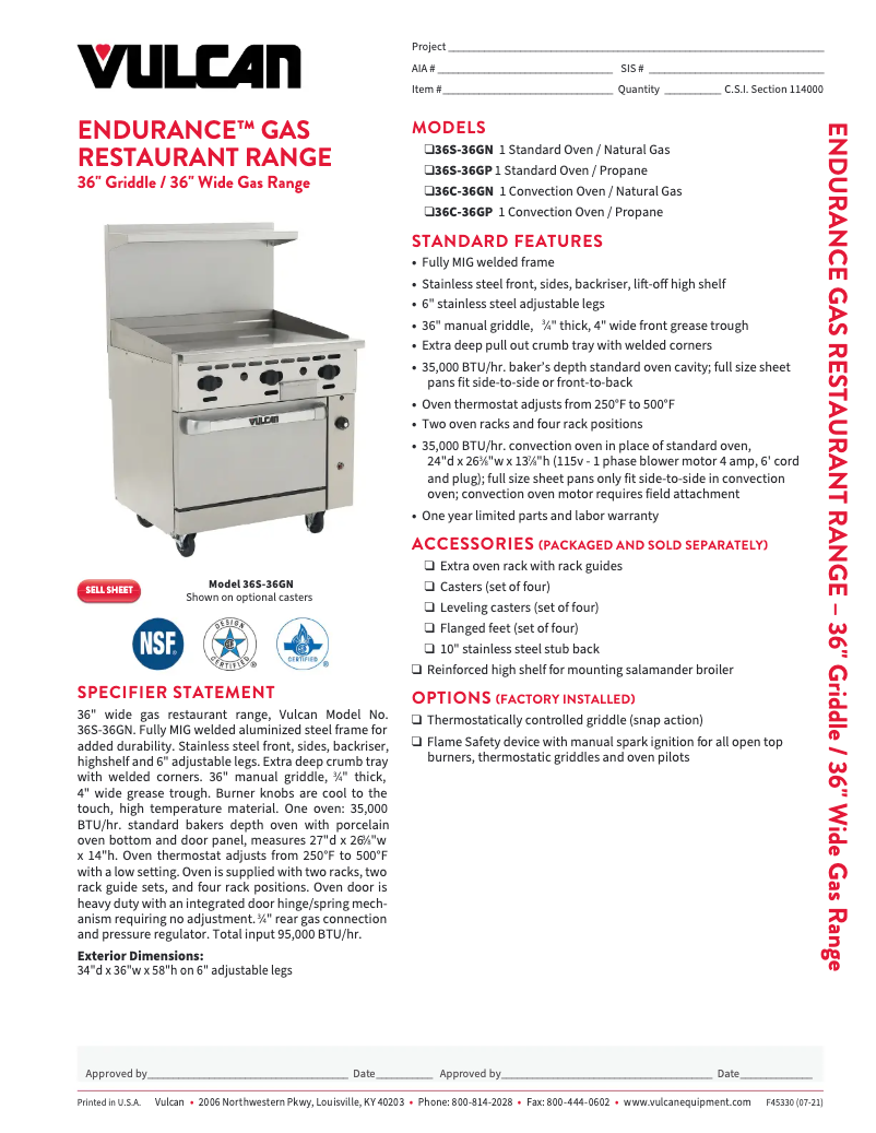 Page 1 de la notice Fiche technique Vulcan 36C-36GT
