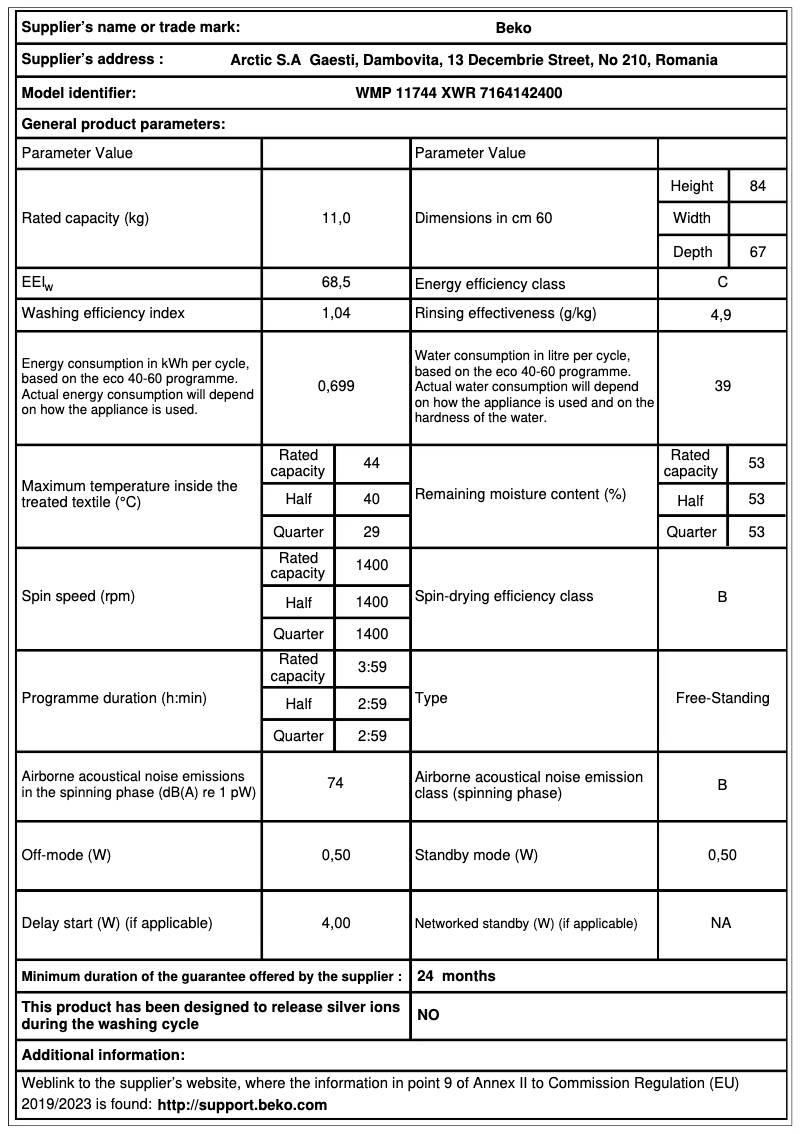Page 1 de la notice Brochure Beko WMP 11744 XWR