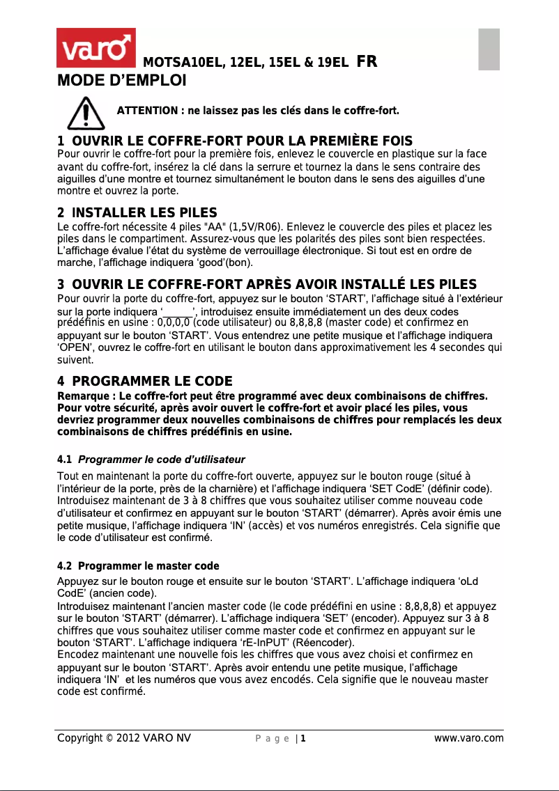 Page 1 de la notice Manuel utilisateur VARO MOTSA19EL