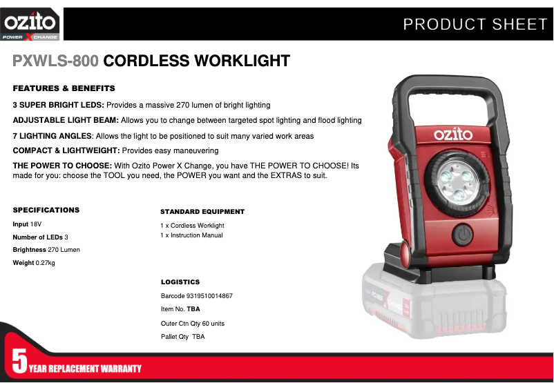 Page 1 de la notice Fiche technique Ozito PXWLS-800
