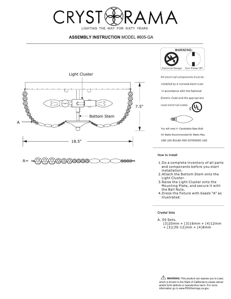 Page 1 de la notice Manuel utilisateur Crystorama Rylee 605-GA