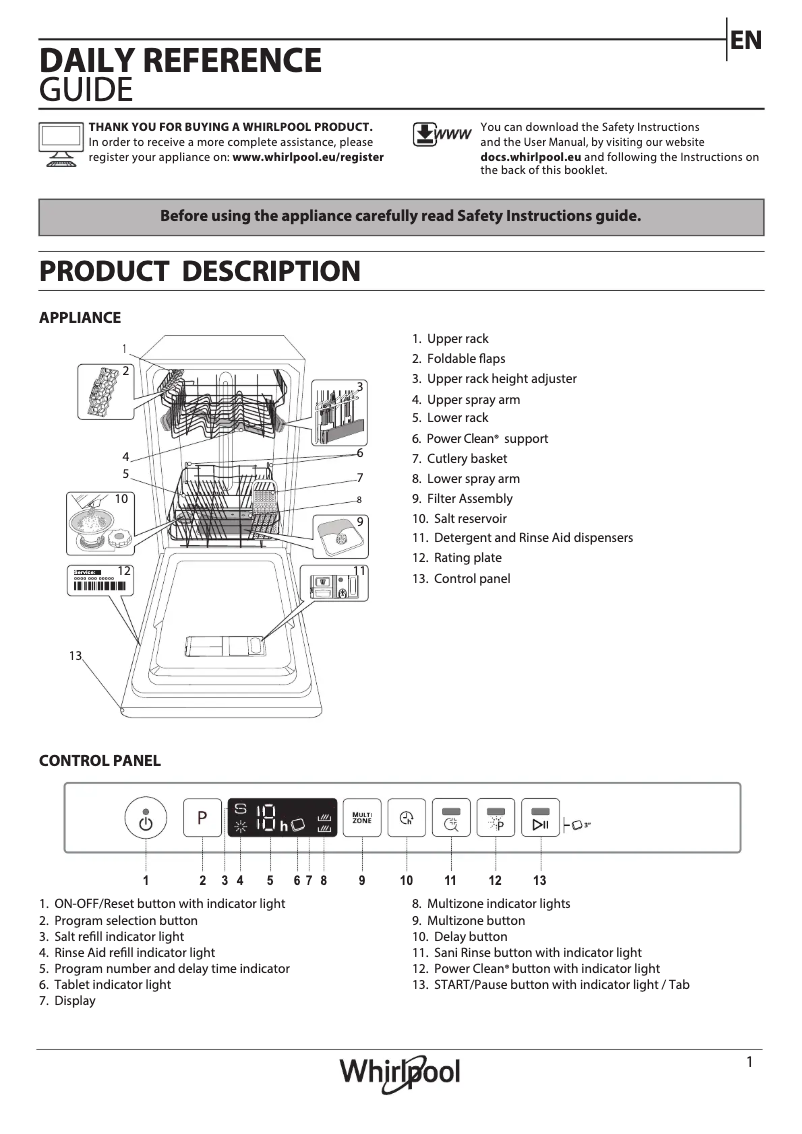 Page 1 de la notice Manuel utilisateur Whirlpool WSIO 3T223 PE X