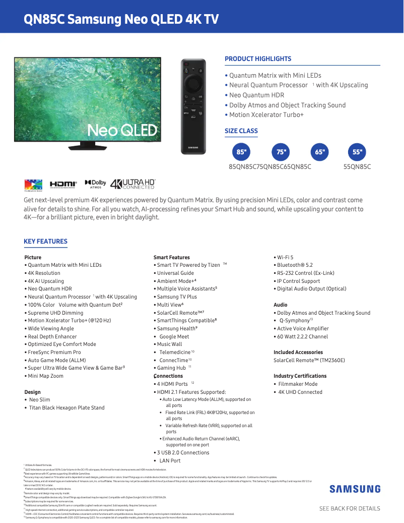 Página 1 del manual Ficha técnica Samsung QN85QN85CAF