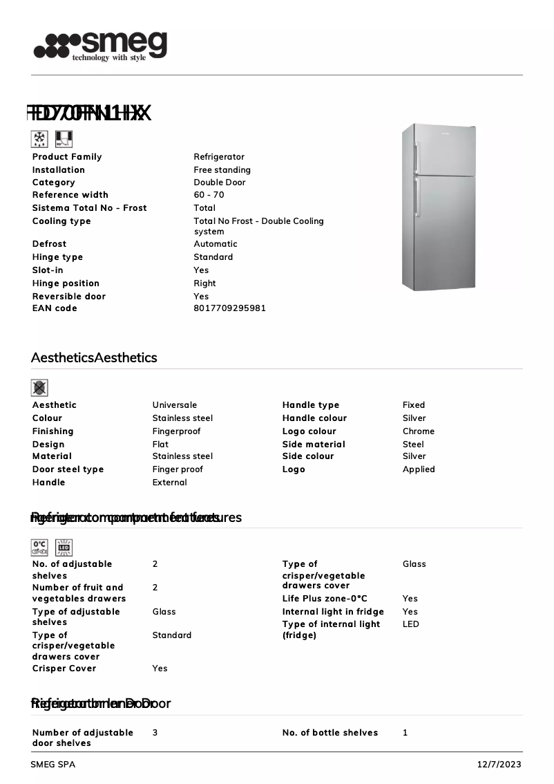 Page 1 de la notice Fiche technique Smeg FD70FN1HX