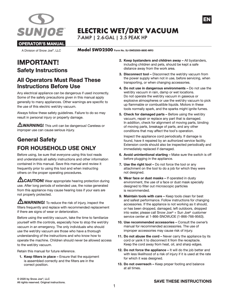 Page 1 de la notice Manuel utilisateur Sun Joe SWD2500