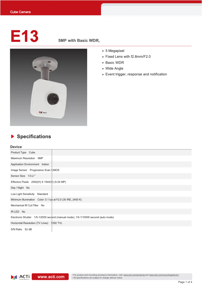 Page 1 de la notice Fiche technique ACTi E13