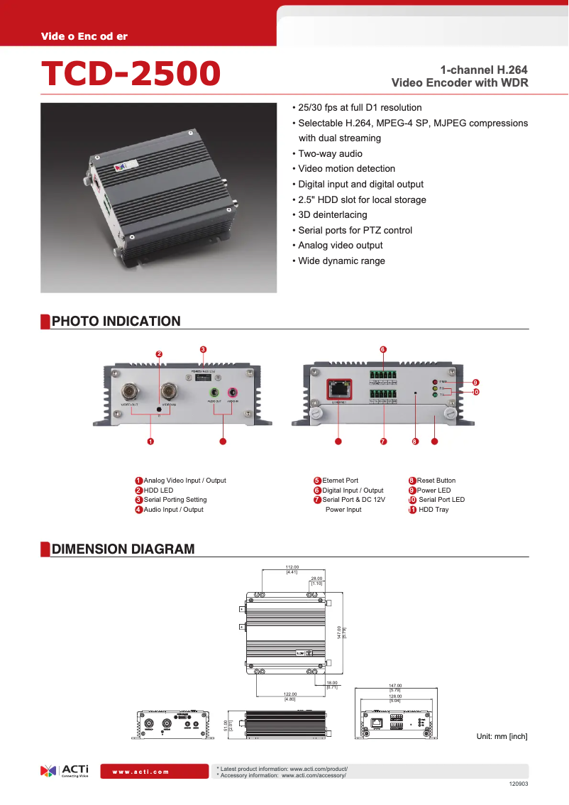 Page 1 de la notice Fiche technique ACTi TCD-2500
