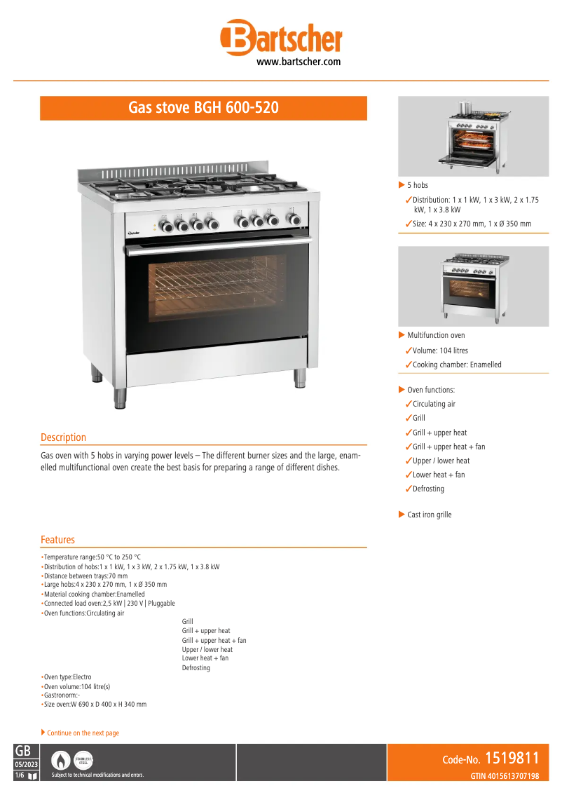 Page 1 de la notice Fiche technique Bartscher BGH 600-520