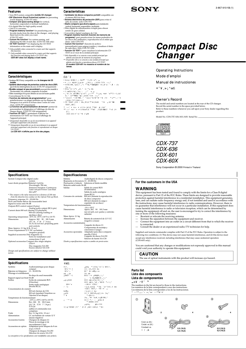Page 1 de la notice Manuel utilisateur Sony CDX-636