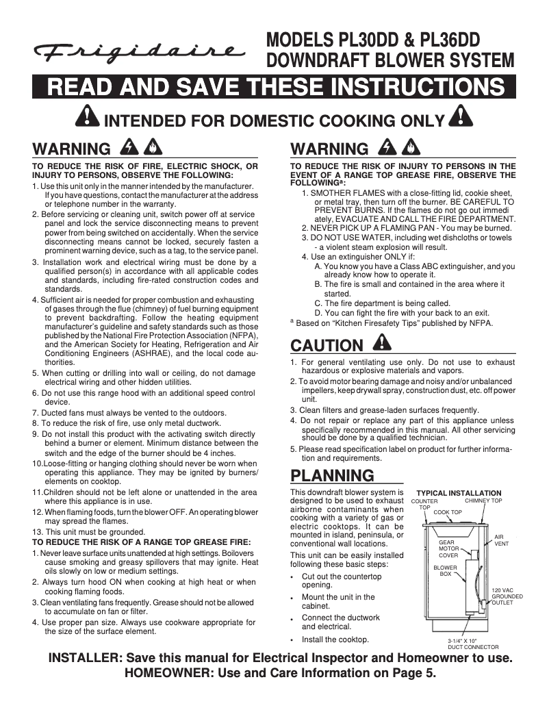 Page 1 de la notice Guide d'installation Frigidaire PL36DD50EC