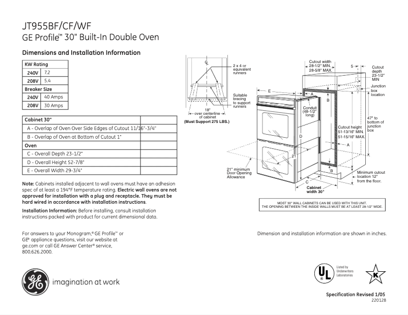 Página 1 del manual Ficha técnica GE JT955WFWW