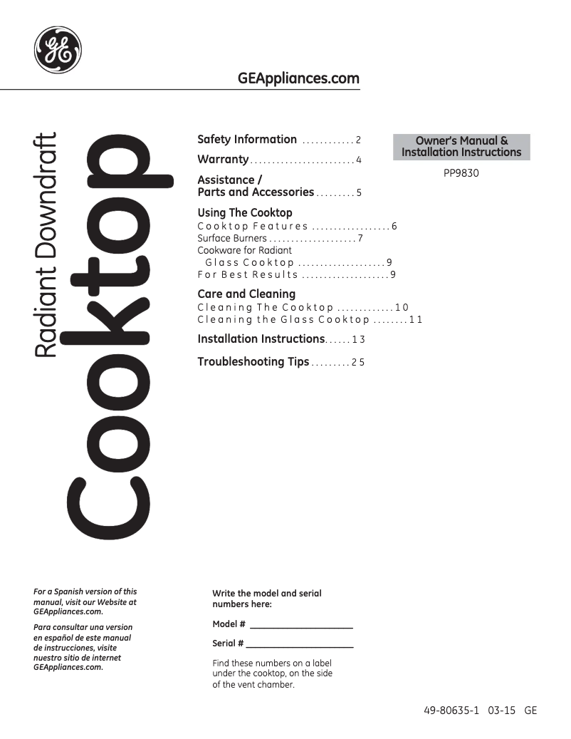 Page 1 of the manual User Manual GE Profile PP9830DJBB