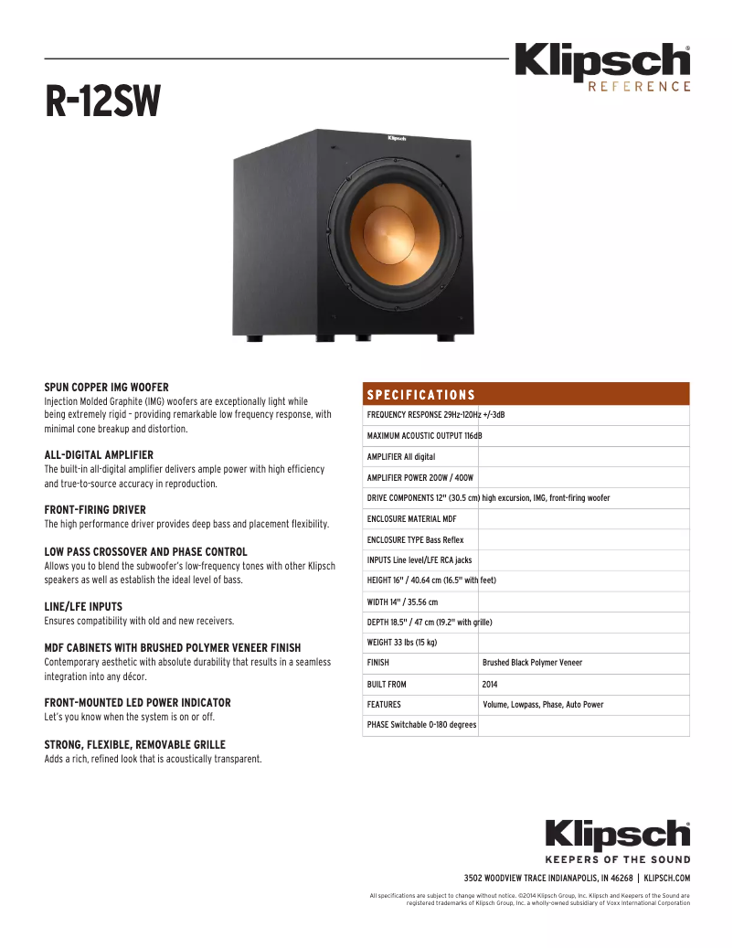 Page 1 de la notice Fiche technique Klipsch R-12SW