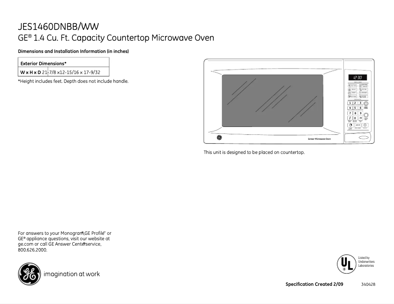 Página 1 del manual Ficha técnica GE JES1460DNWW