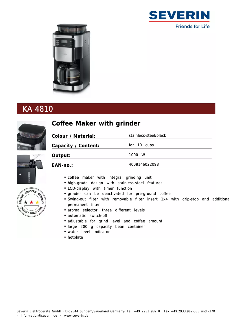 Page 1 de la notice Fiche technique Severin KA 4810