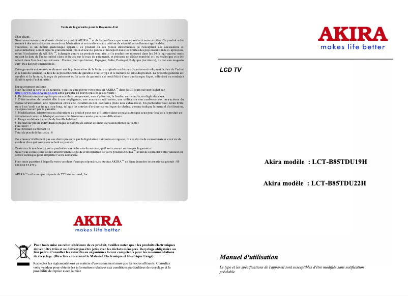Page 1 of the manual User Manual Akira LCT-B85TDU22H