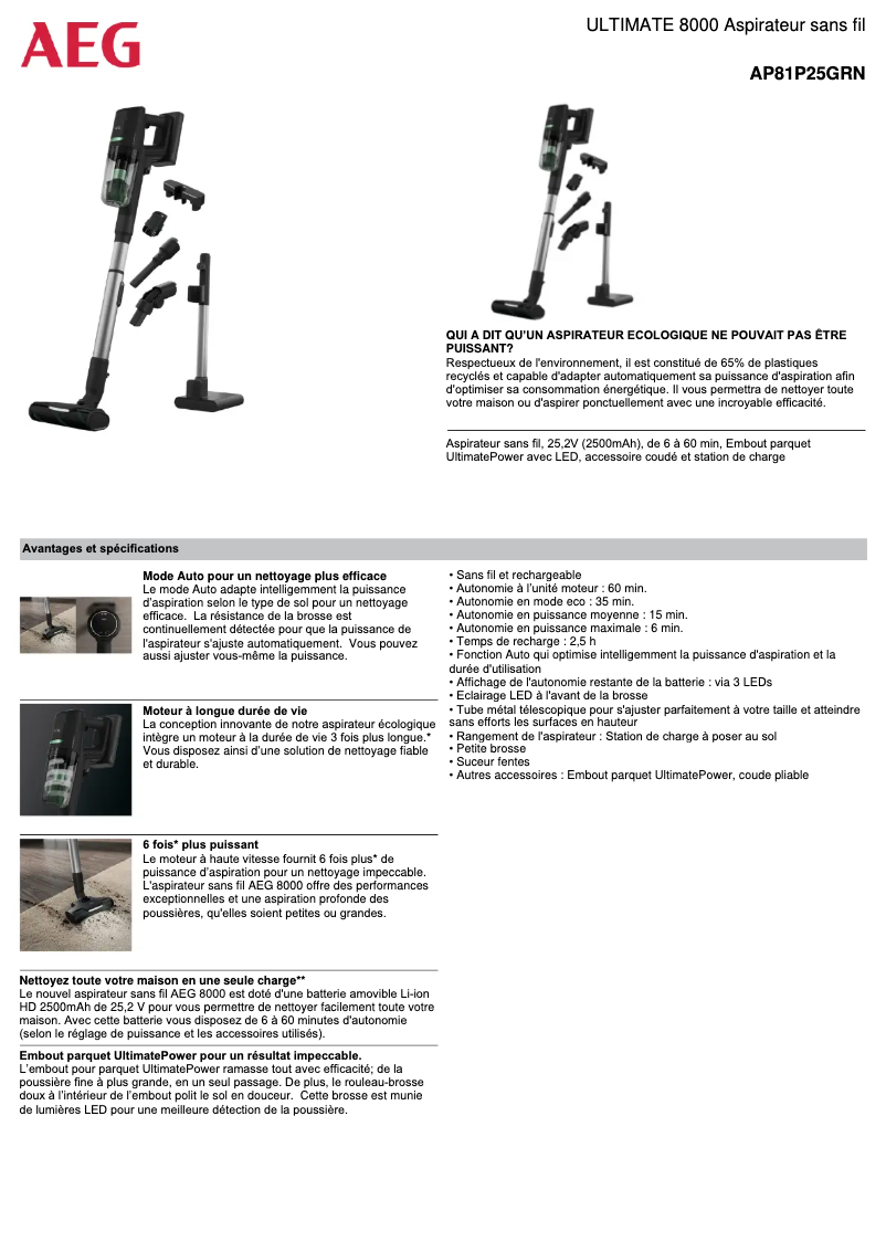 Page 1 de la notice Fiche technique AEG AP81P25GRN