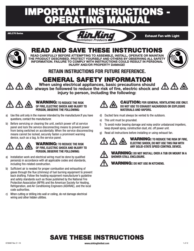 Page 1 de la notice Manuel utilisateur Air King AKLC702