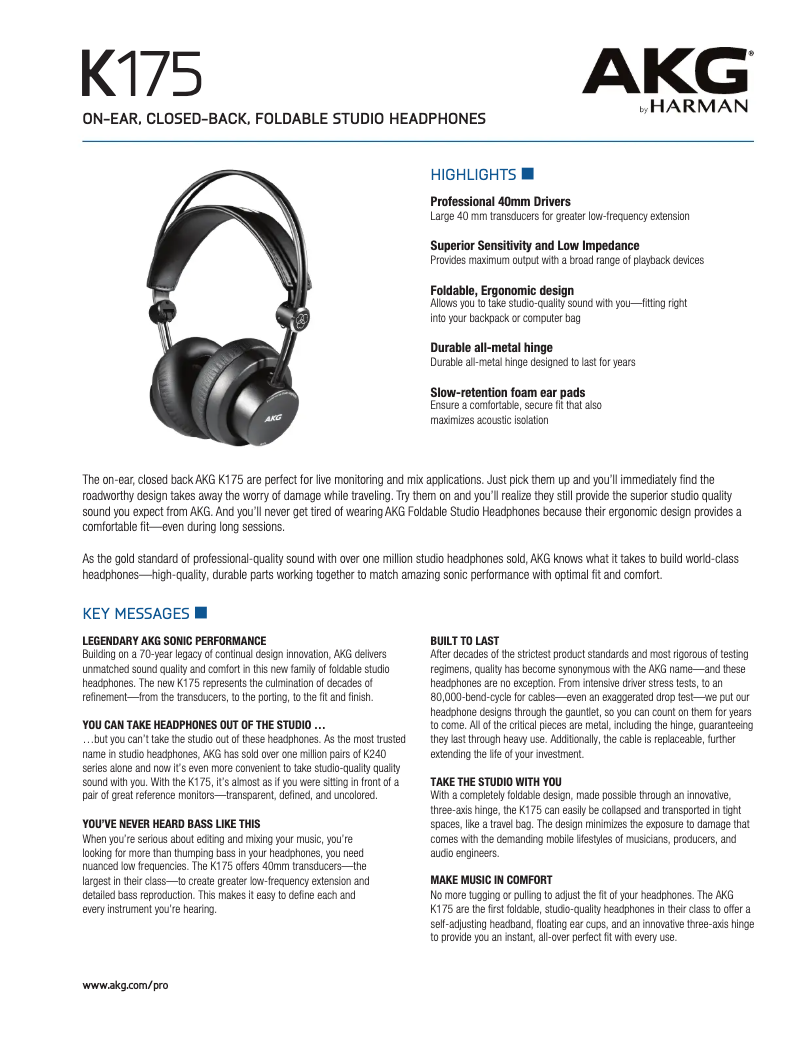 Page 1 de la notice Manuel utilisateur AKG K175