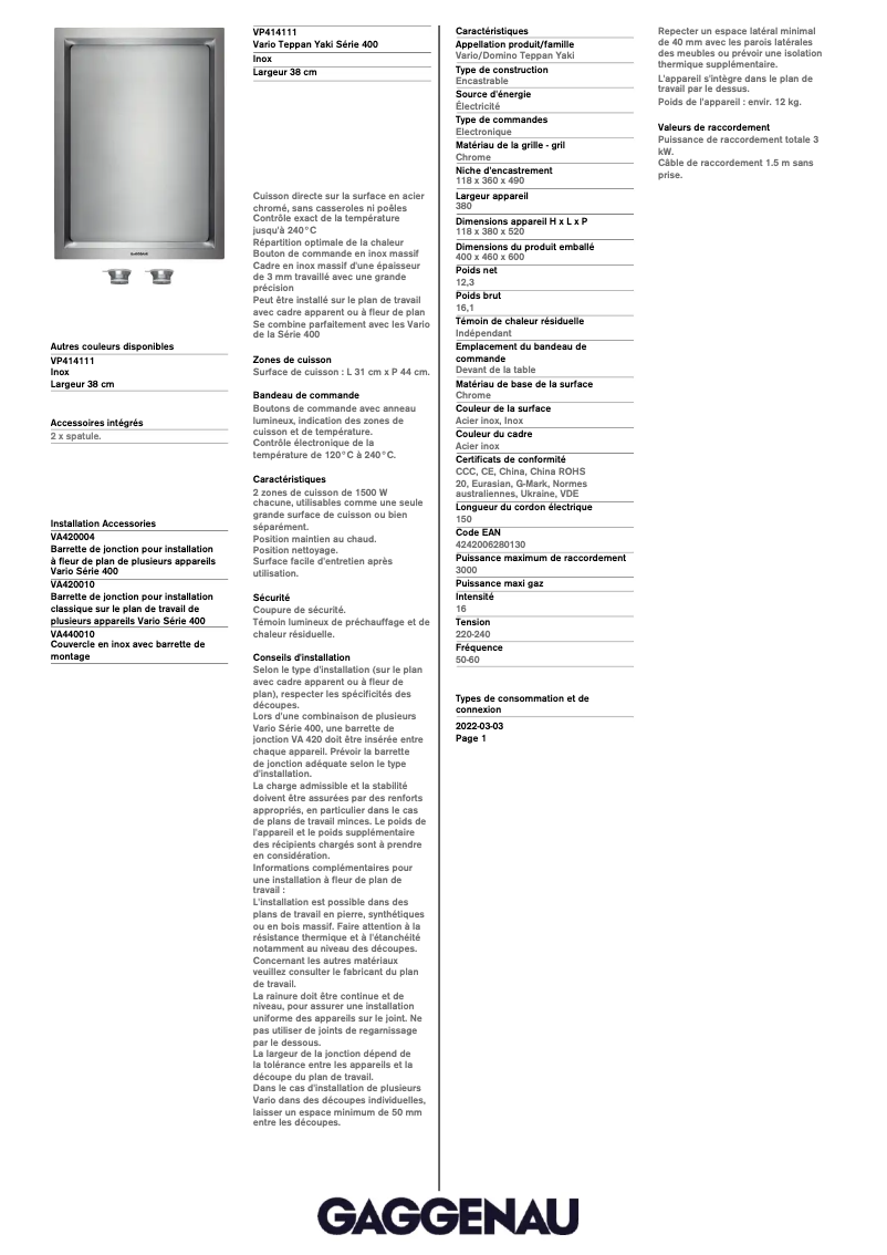 Page 1 de la notice Fiche technique Gaggenau VP414111