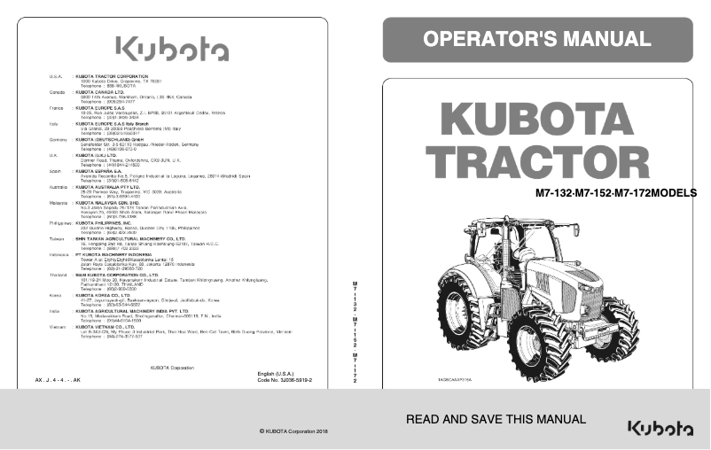 Page 1 de la notice Manuel utilisateur Kubota M7-172S-PS