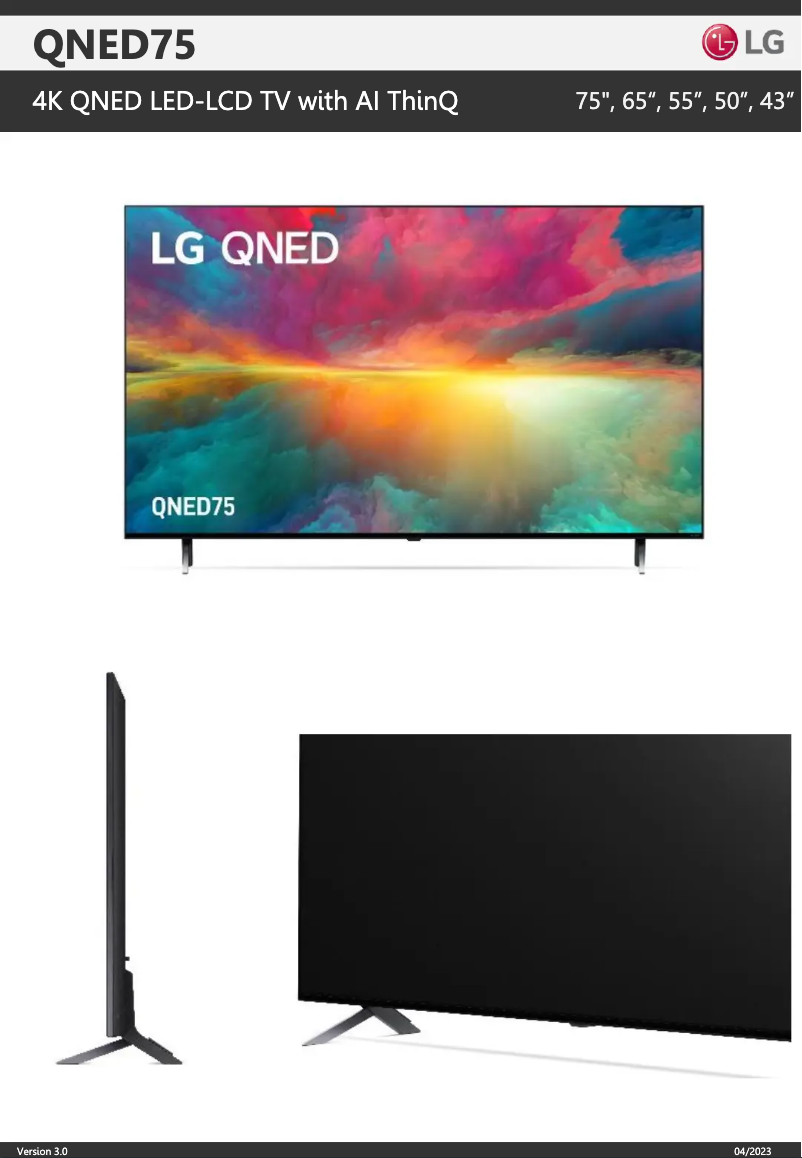 Page 1 de la notice Fiche technique LG 65QNED75SRA