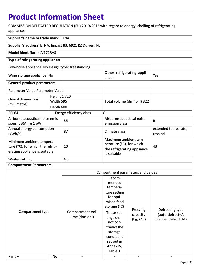 Page 1 de la notice Fiche technique Etna KKV172RVS
