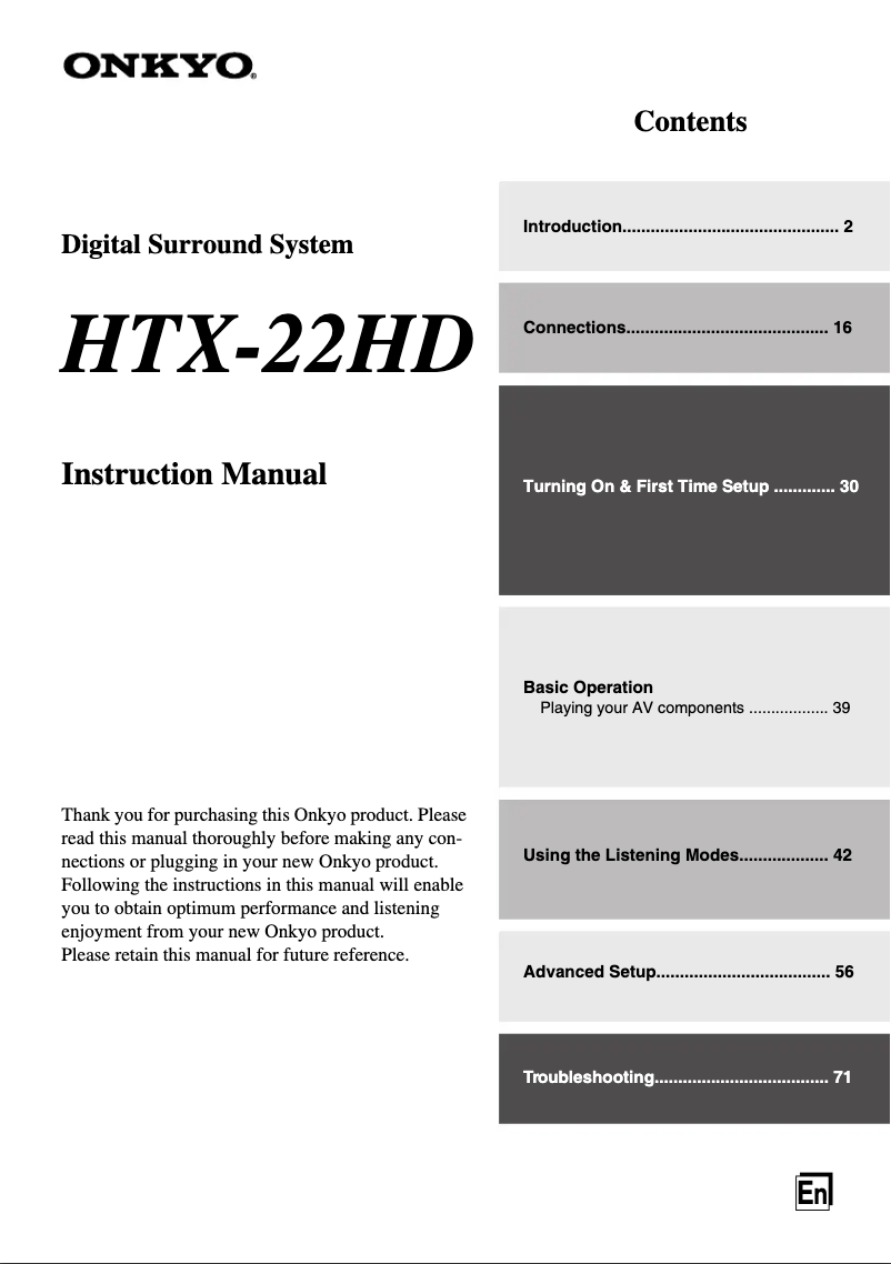 Page 1 de la notice Manuel utilisateur Onkyo HTX-22HD